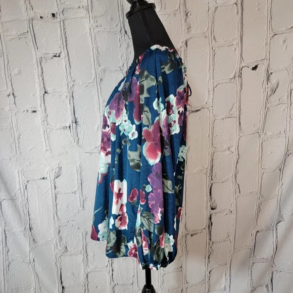 PROFESSIONAL Business Casual Floral Blue Aqua Stretch Long Sleeve Blouse Sz‎ L - Picture 5 of 8